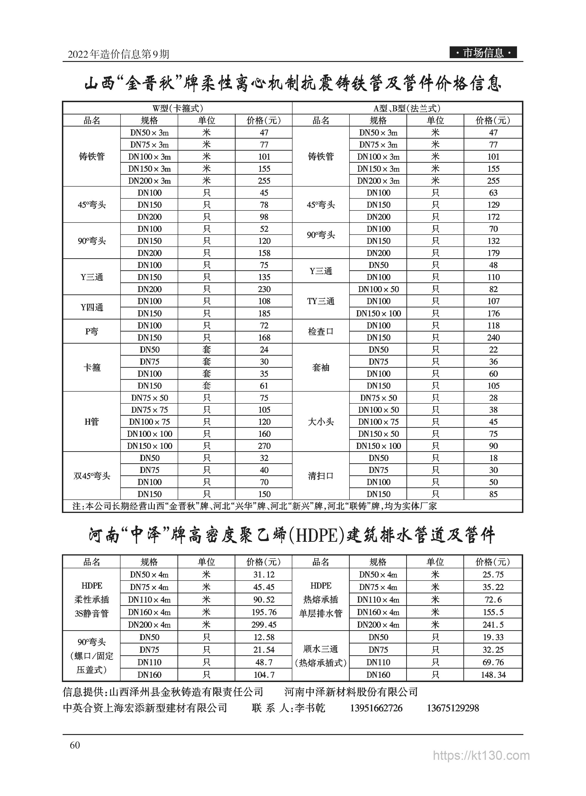 江苏省无锡市2022年9月份铸铁管参考价